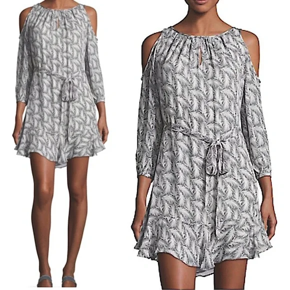 Joie Isaline Feather Cold Shoulder Mini Dress Gray White Print Silk Tie Belt XXS - Picture 3 of 15